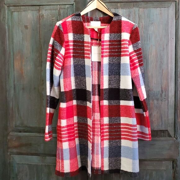 CYNTHIA ROWLEY Crew Neck Red Multicolor Plaid Wool Blend Tweed Coat, Size Small - Picture 1 of 8